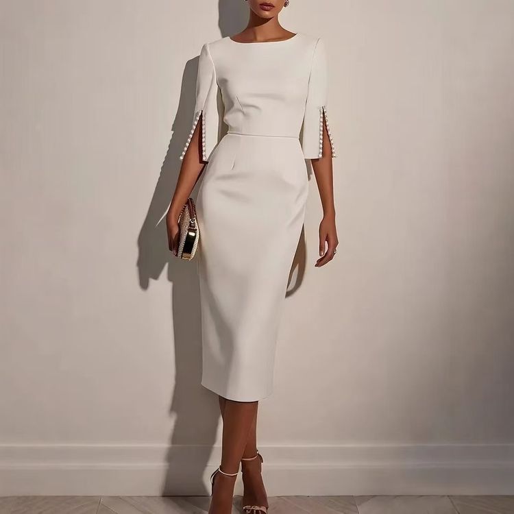 White Midi Dress With Pearl Button Sleeves