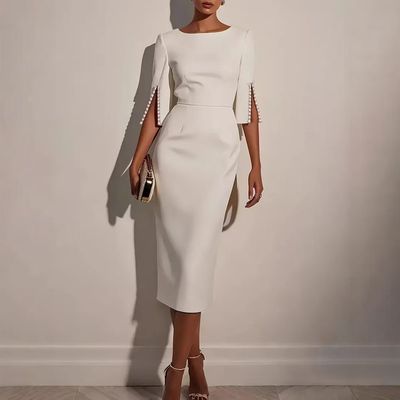 White Midi Dress With Pearl Button Sleeves
