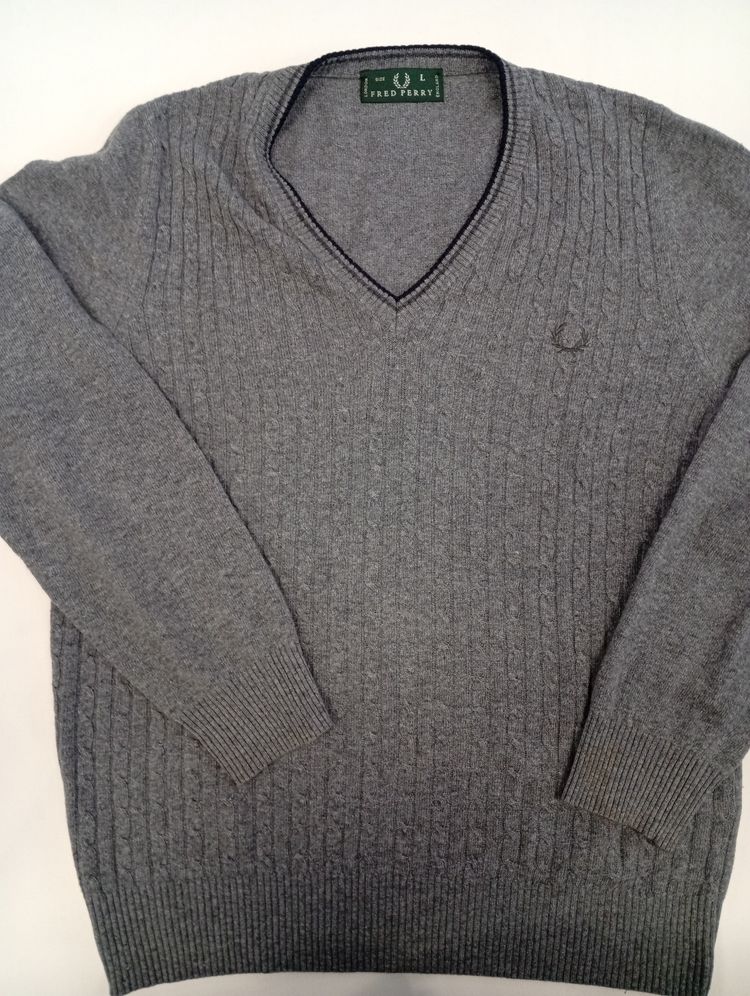 Fred Perry Grey Cable Knit V-Neck Sweater