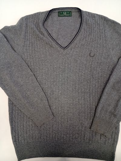 Fred Perry Grey Cable Knit V-Neck Sweater