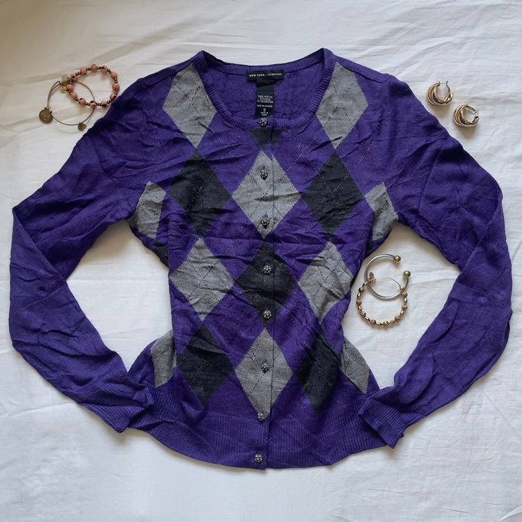 90’s Prep Purple Sparkly Argyle Cardigan Sweater image 2