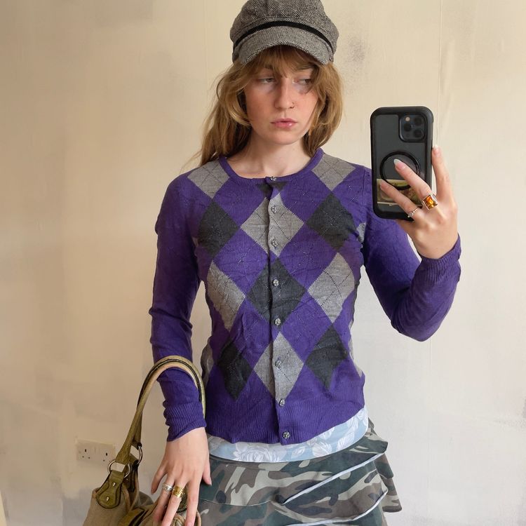 Immagine di 90’s Prep Purple Sparkly Argyle Cardigan Sweater 1