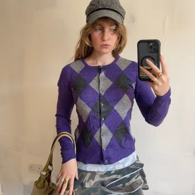 90’s Prep Purple Sparkly Argyle Cardigan Sweater