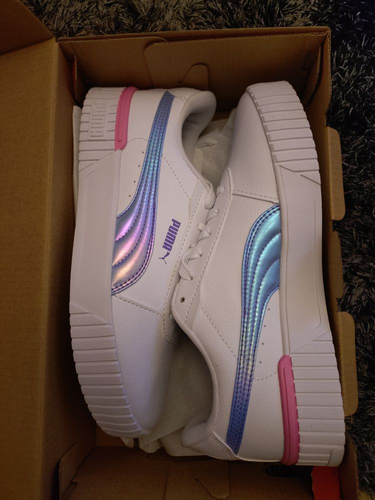 Puma White Sneakers With Iridescent Blue And Pink Accents