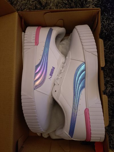 Puma White Sneakers With Iridescent Blue And Pink Accents