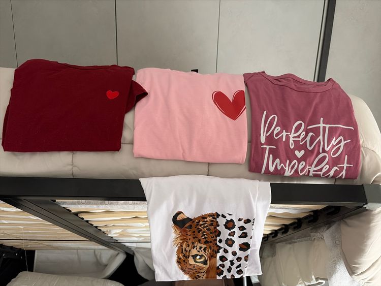 Other Red T-Shirt With Small Heart, Pink T-Shirt With Heart, Mauve T-Shirt With Text, White T-Shirt With Leopard Print product image