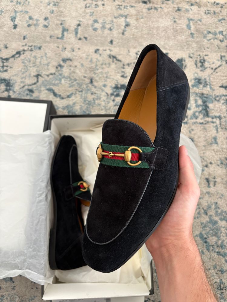 Black Suede Loafers With Green And Red Strap