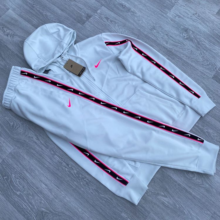 Nike Tape Poly Repeat Logo Tracksuit Zip Hoodie Joggers Sweatpants Set - White