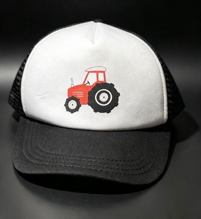 Black And White Trucker Cap With Red Tractor Graphic