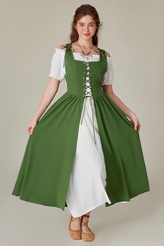 Green And White Lace-Up Dress With Puff Sleeves