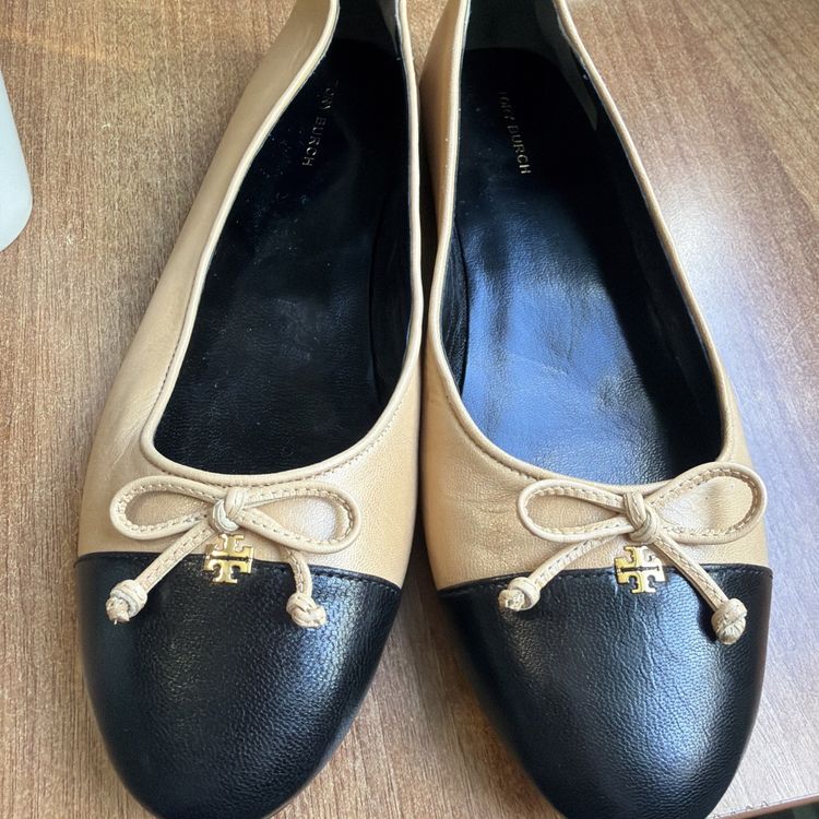 Tory Burch Cap-Toe Ballet Flats Leather Ginger Black Uk 6 USA 8.5 New image 1