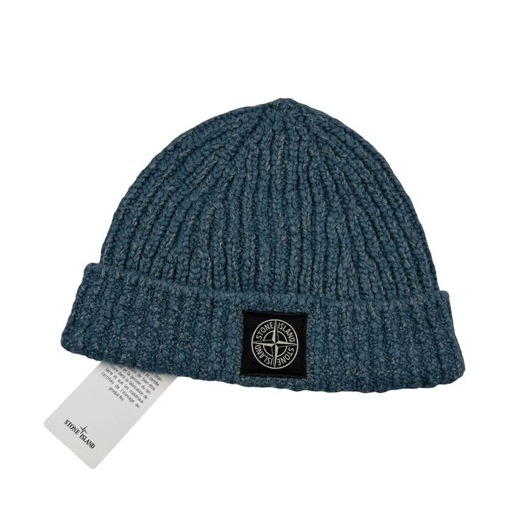 Stone Island 2025 Blue Marl Ribbed Chenille Logo Patch Beanie - One-Size image 1