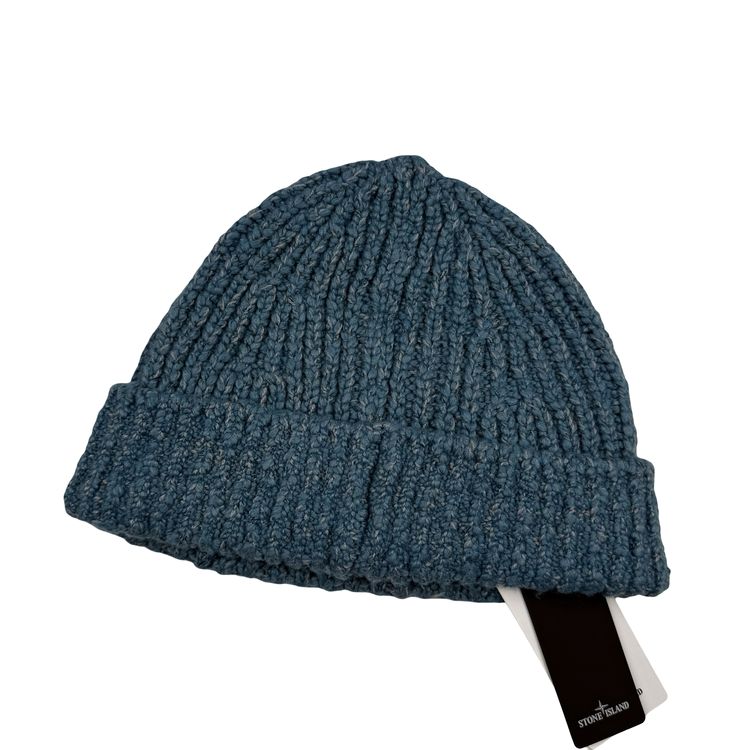 Stone Island 2025 Blue Marl Ribbed Chenille Logo Patch Beanie - One-Size image 5