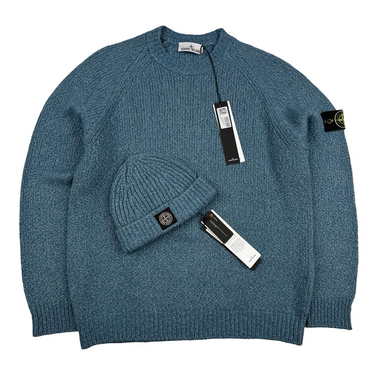 Stone Island 2025 Blue Marl Ribbed Chenille Logo Patch Beanie - One-Size image 3