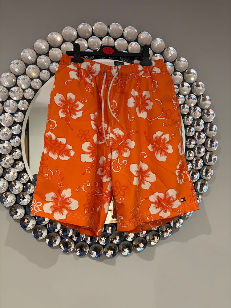 Tommy Hilfiger Swim Shorts Orange Floral Hawaiian Beach Shorts Size M