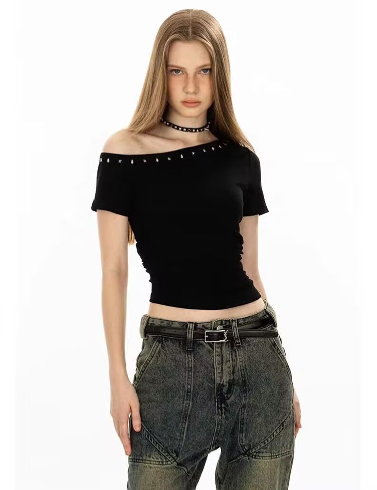 Other Black Off-Shoulder Studded Top And Grey Denim Pants product image
