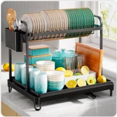 Kitsure 2 Tier Dish Drainer, Multifunctional Dish Drainer Rack, Rustproof Kitchen Dish Drying Rack with Drainboard & Utensil Holder, Space-Saving Dish Rack for Kitchen Counter, X-Large, Black