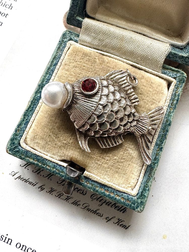 Gorgeous Vintage Sterling Silver Fish Red Gem Eyes and Pearl to Mouth Bracelet Charm.