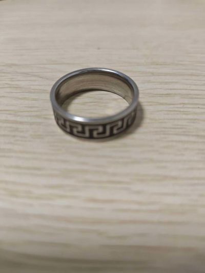 Metal Ring With Black Geometric Pattern