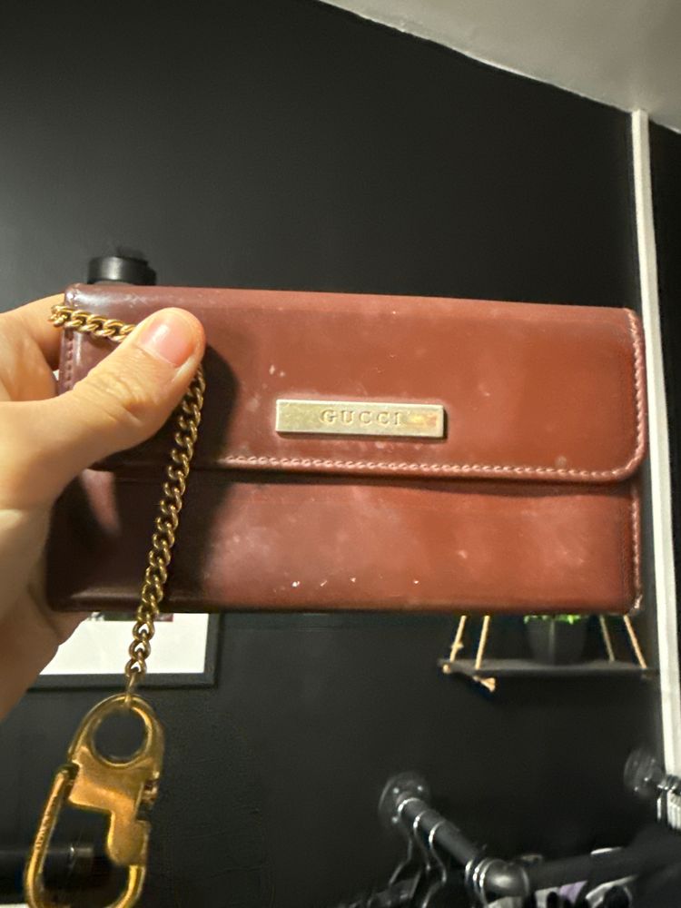 Gucci Brown Leather Wallet With Gold Chain