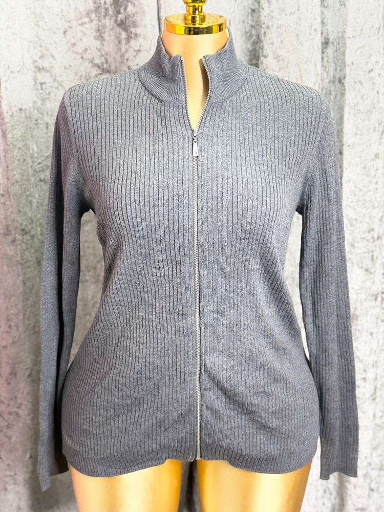 Quacker Factory Quacker Factory Grey Ribbed Zip-Up Sweater product image