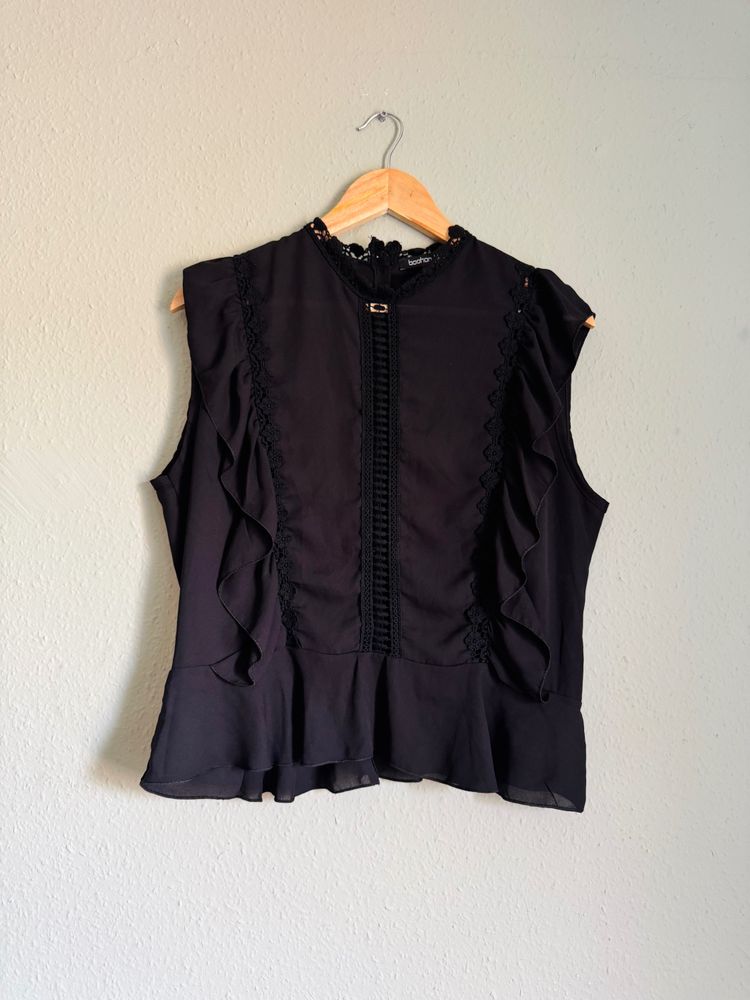 Black Sleeveless Blouse With Ruffles