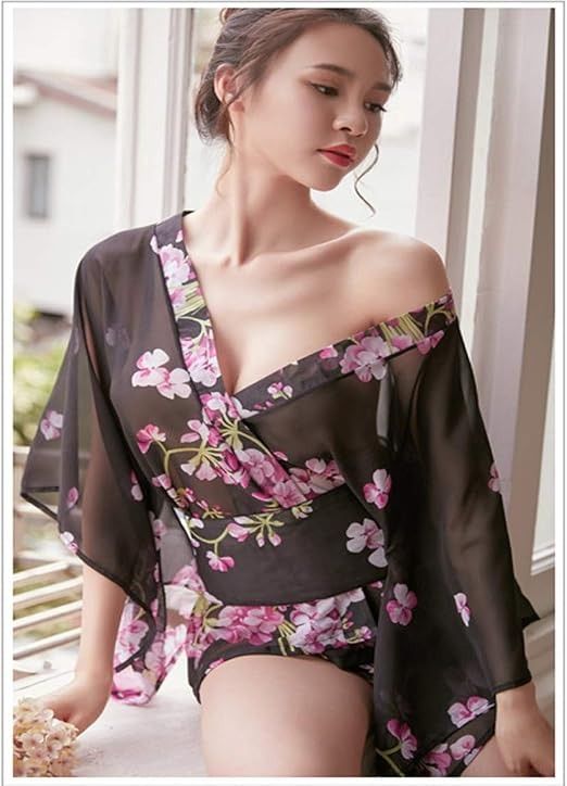 Black Floral Sheer Kimono Robe imagen 6