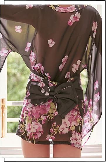 Black Floral Sheer Kimono Robe imagen 3