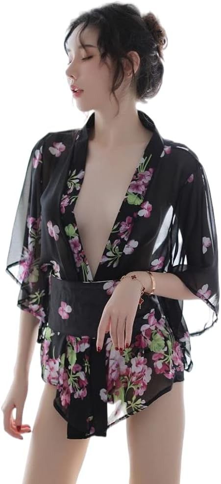 Black Floral Sheer Kimono Robe imagen 7