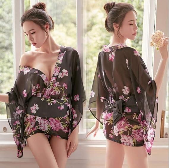 Black Floral Sheer Kimono Robe imagen 2