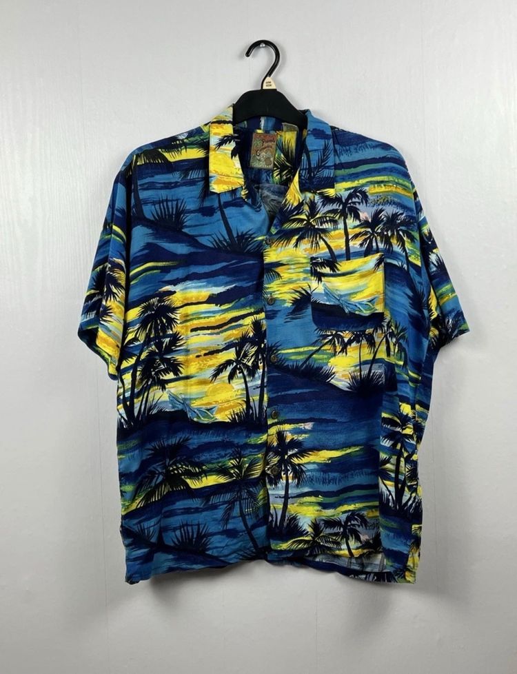 Vintage Pineapple Connection Hawaiian Shirt L Blue Yellow Rayon 90s Aloha