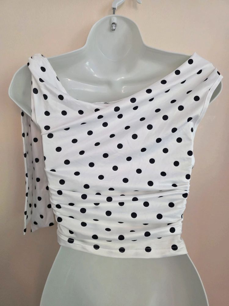 White & Black Polka Dot Ruched Asymmetric Tie-Shoulder Top (Size XS / UK 6) image 2