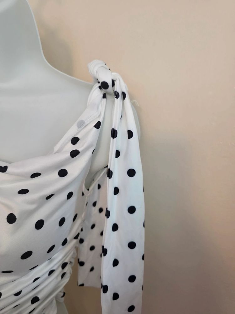 White & Black Polka Dot Ruched Asymmetric Tie-Shoulder Top (Size XS / UK 6) image 4