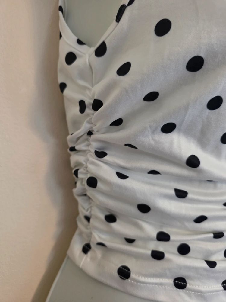 White & Black Polka Dot Ruched Asymmetric Tie-Shoulder Top (Size XS / UK 6) image 3