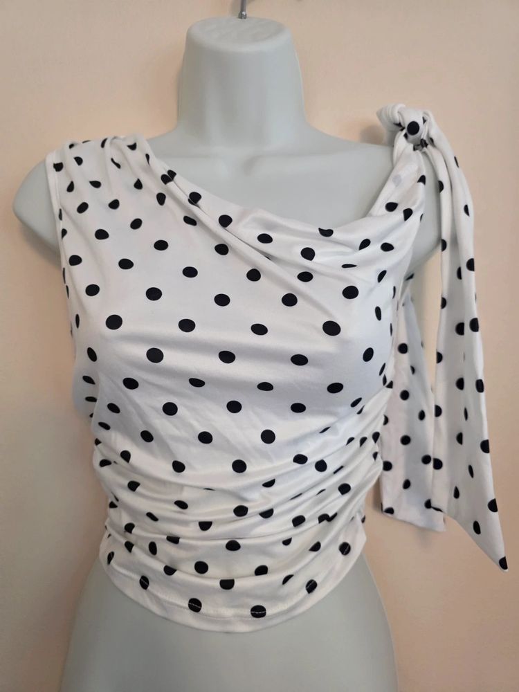 White & Black Polka Dot Ruched Asymmetric Tie-Shoulder Top (Size XS / UK 6)