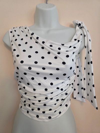 White & Black Polka Dot Ruched Asymmetric Tie-Shoulder Top (Size XS / UK 6)