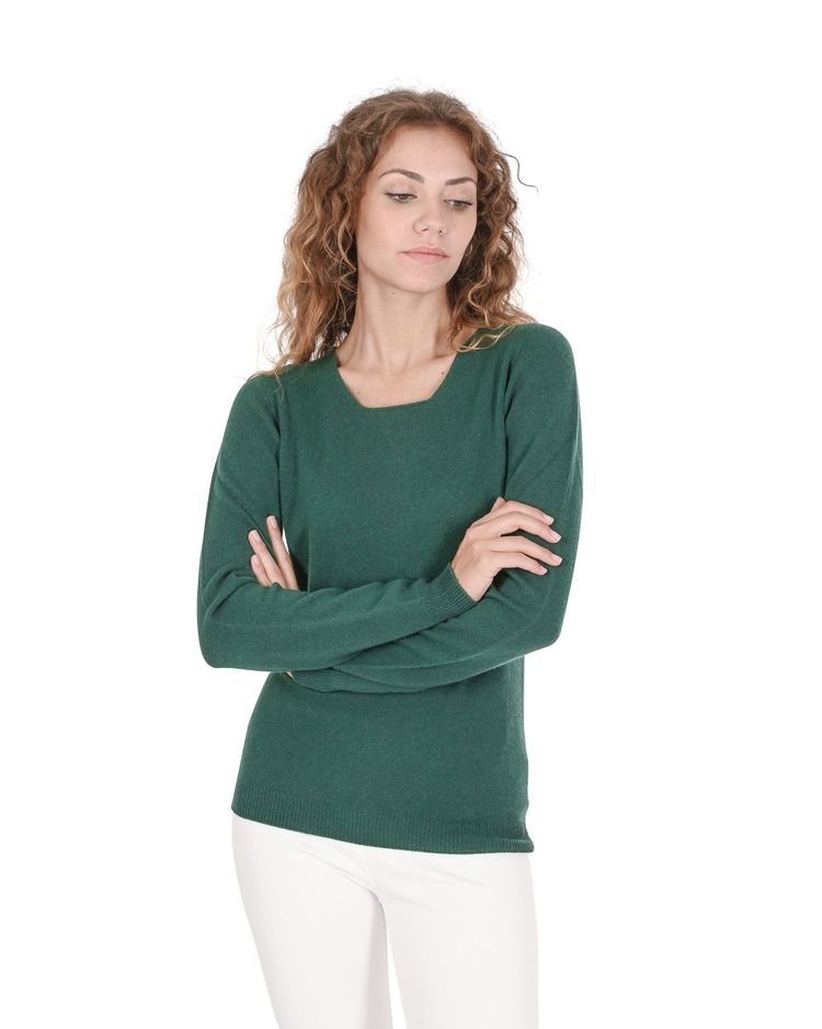 Crown of Edinburgh Cashmere Womens Square Neck Sweater COE 0024 BOTTLE GREEN 4