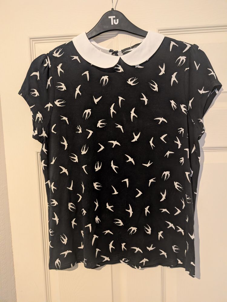 Black Blouse With White Bird Print And White Peter Pan Collar