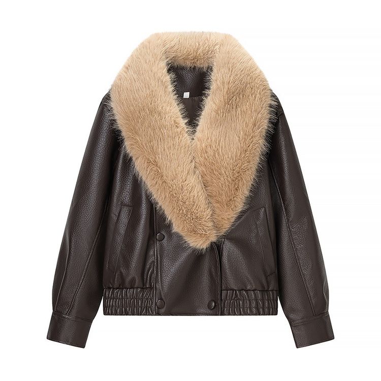 Brown Faux Leather Jacket With Beige Faux Fur Collar image 1