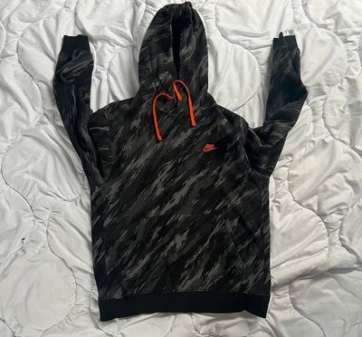 Nike Black Patterned Hoodie With Orange Drawstrings