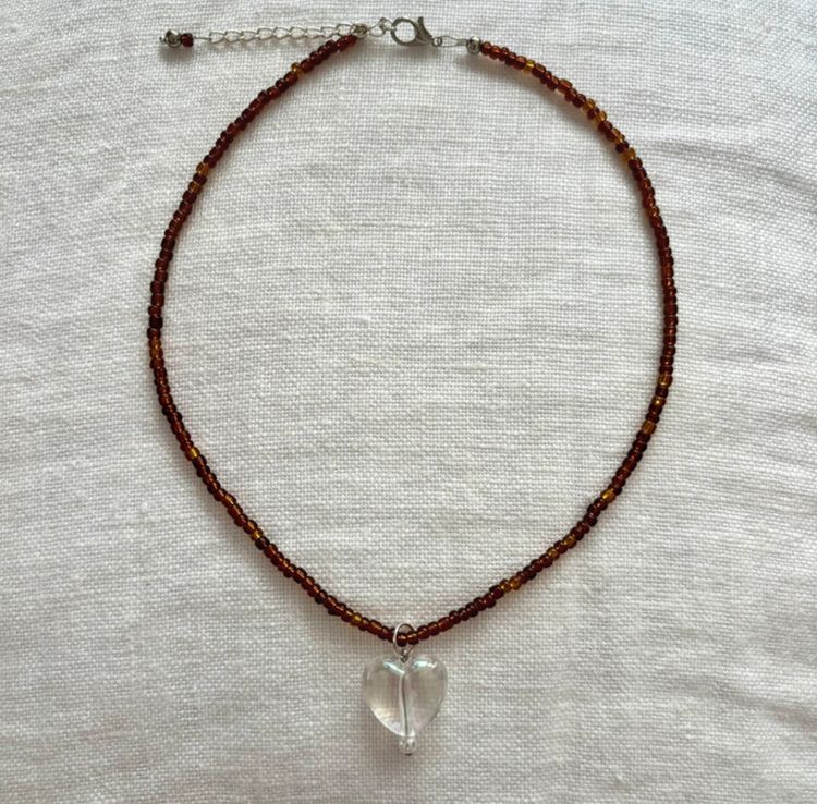 Other Amber Bead Necklace with Iridescent Glass Heart – 16–18” Adjustable Choker product image