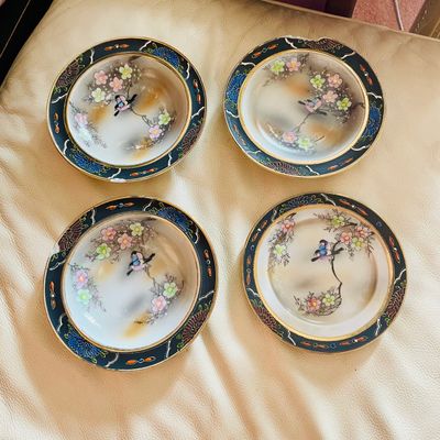 4 Mikori Japanese Fine China Cherry Blossom & Bird Moriage 1930s Saucer Plates