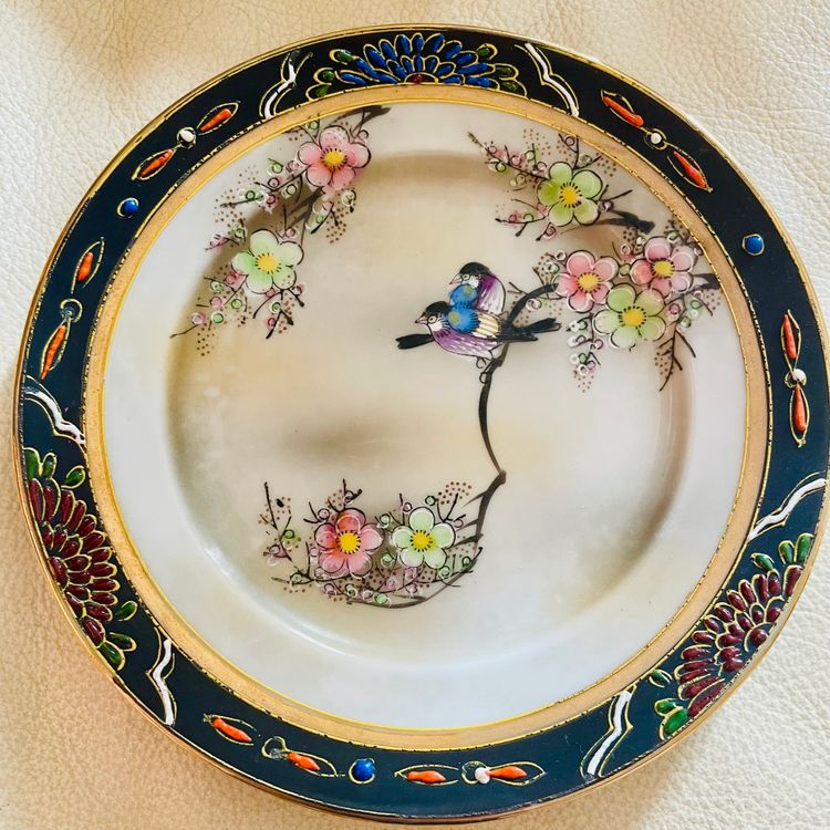 4 Mikori Japanese Fine China Cherry Blossom & Bird Moriage 1930s Saucer Plates image 2