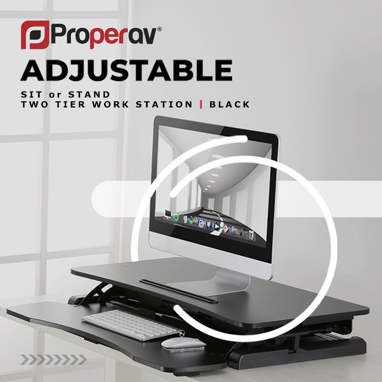 ProperAV Two Tier Worktop Stand Up Desk Converter with Gas Spring Lift & Variable Height Settings - Black 8