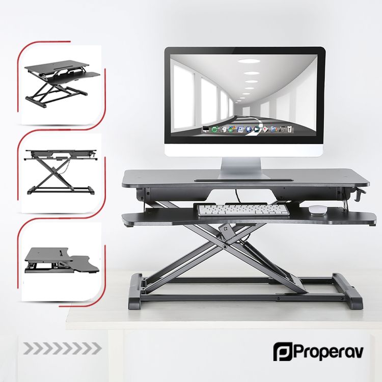 ProperAV Two Tier Worktop Stand Up Desk Converter with Gas Spring Lift & Variable Height Settings - Black 3