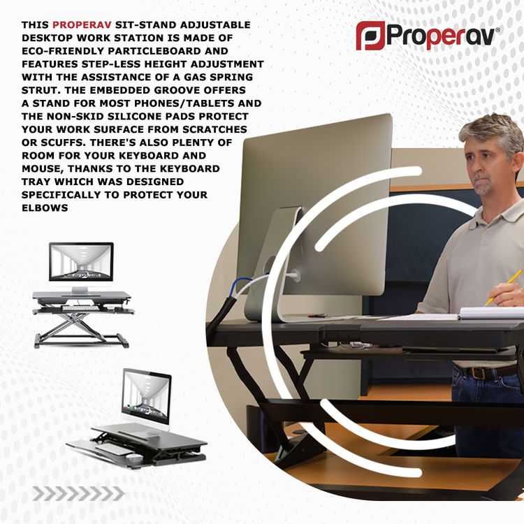 ProperAV Two Tier Worktop Stand Up Desk Converter with Gas Spring Lift & Variable Height Settings - Black 2