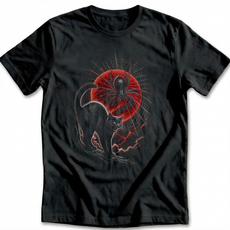 Cat Spider Web Red Moon T-Shirt EU image 3