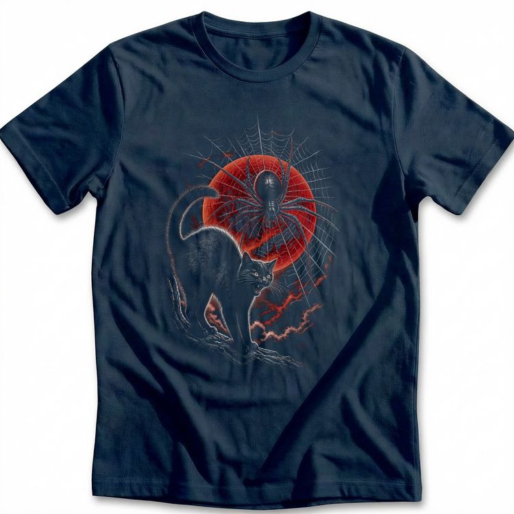 Cat Spider Web Red Moon T-Shirt EU image 1