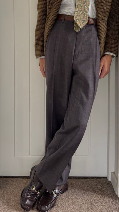 Dior 1980s Double Pleat Check Pattern Pants Taupe Mauve - Size 34 Waist