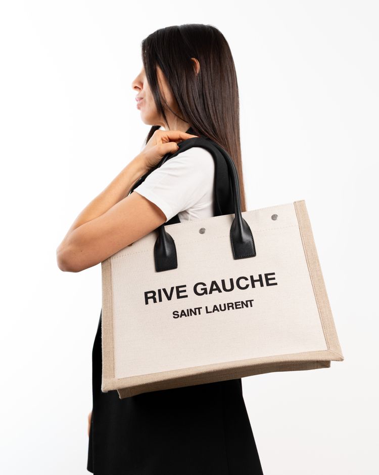 Saint Laurent Borsa Tote Rive Gauche Tela Écru e Pelle Nera — Pre-owned Autentica imagen 4